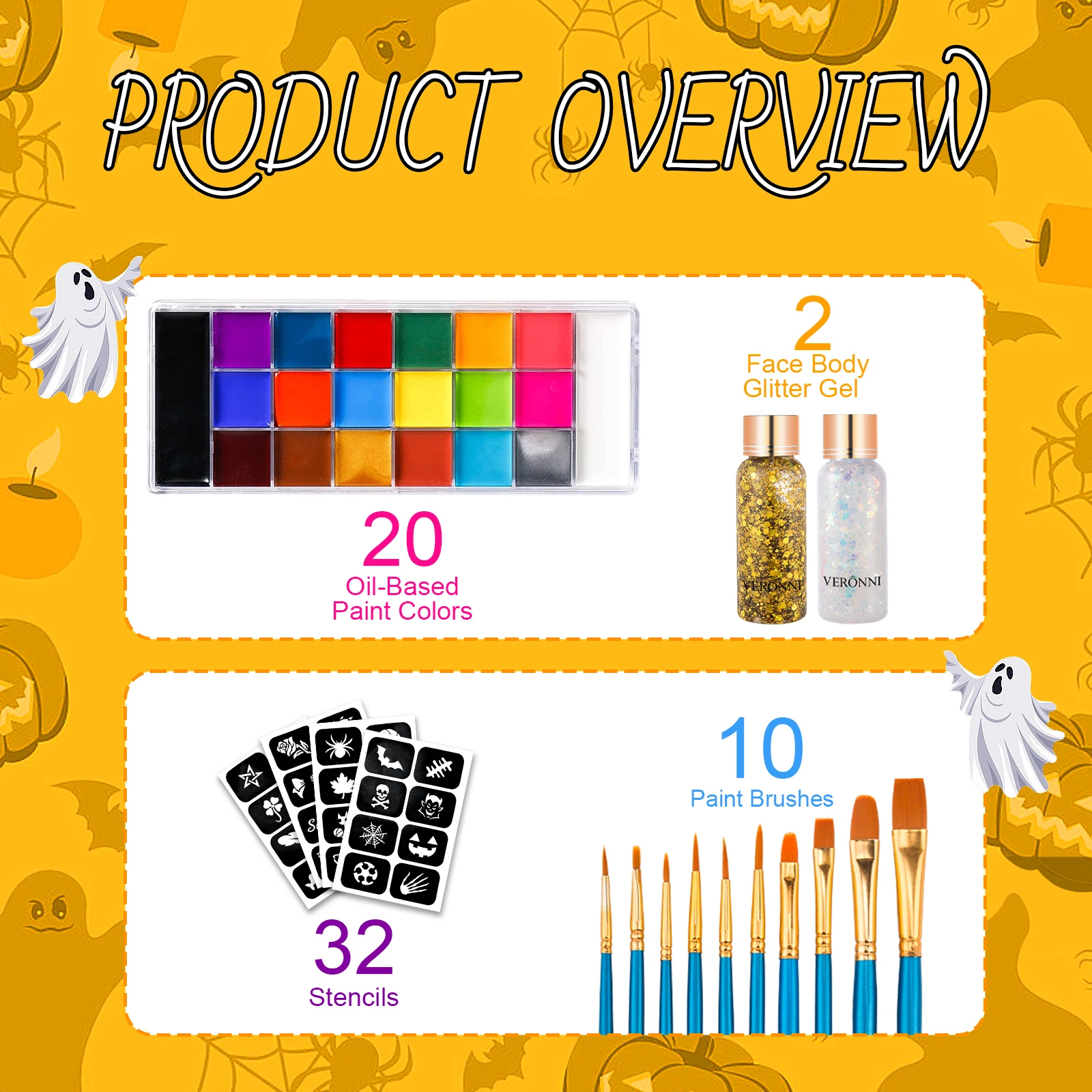 Face Body Paint Palette Oil Makeup Set 20 Colors SFX Halloween Party Painting with 10 pcs Artist Paintbrushes,Tattoo Stencil kit 3
