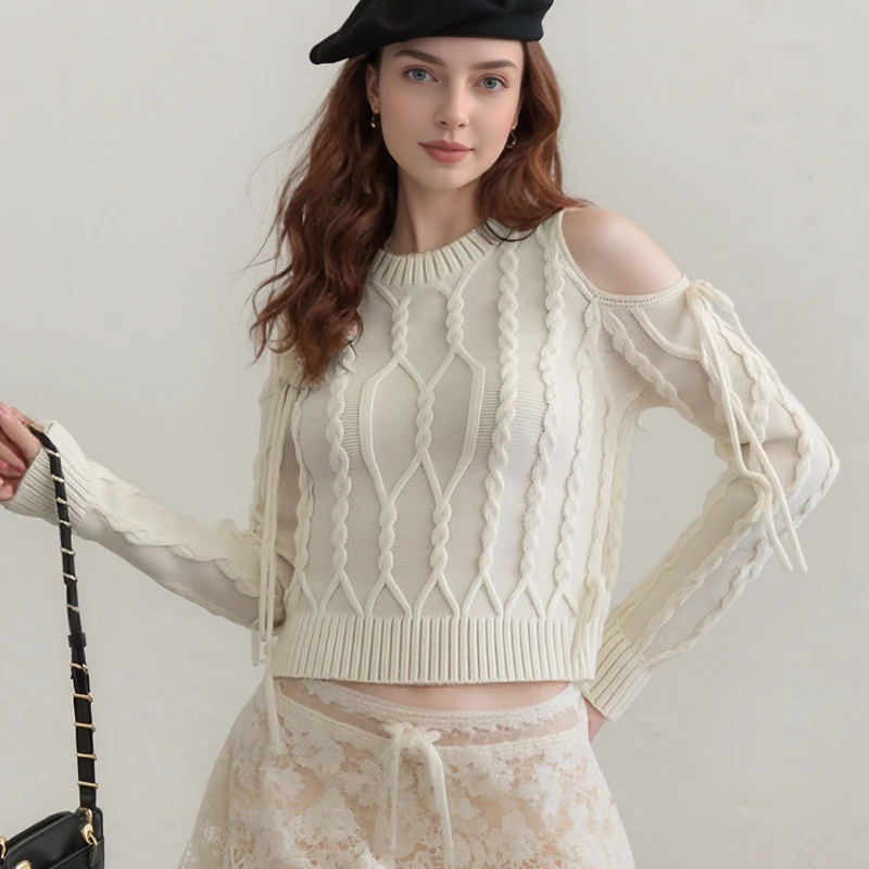 Winter Lace Up Casual Jumper Korean Fashion Off-the-shoulder Pullover Women Sweater Autumn O Neck Loose Long Sleeve Knitted Tops