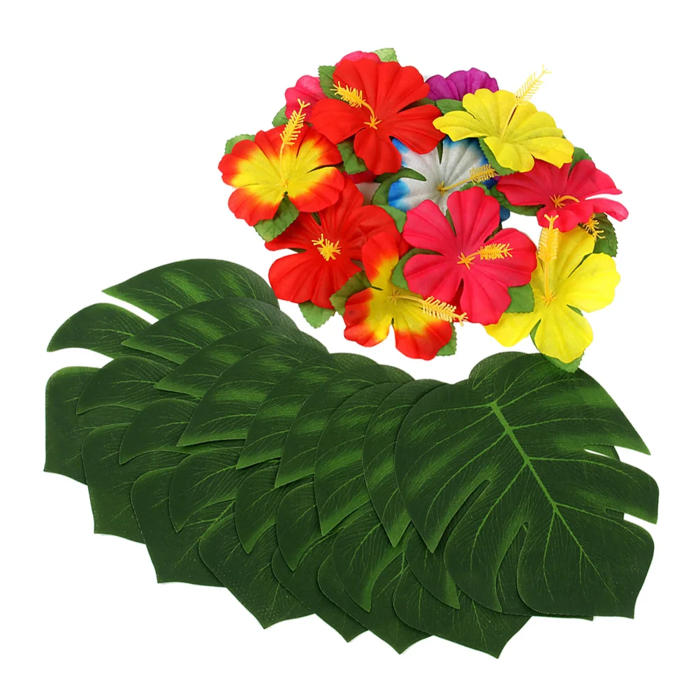 

48pcs in 1 Set Party Decorative Hibiscus for Simulation Beautiful Luau Flower Monstera Monstera Beach