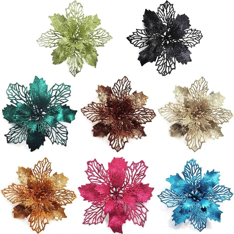 

Simulation Glitter Poinsettia for Wreath Holiday Wedding Xmas Tree Decor M68E