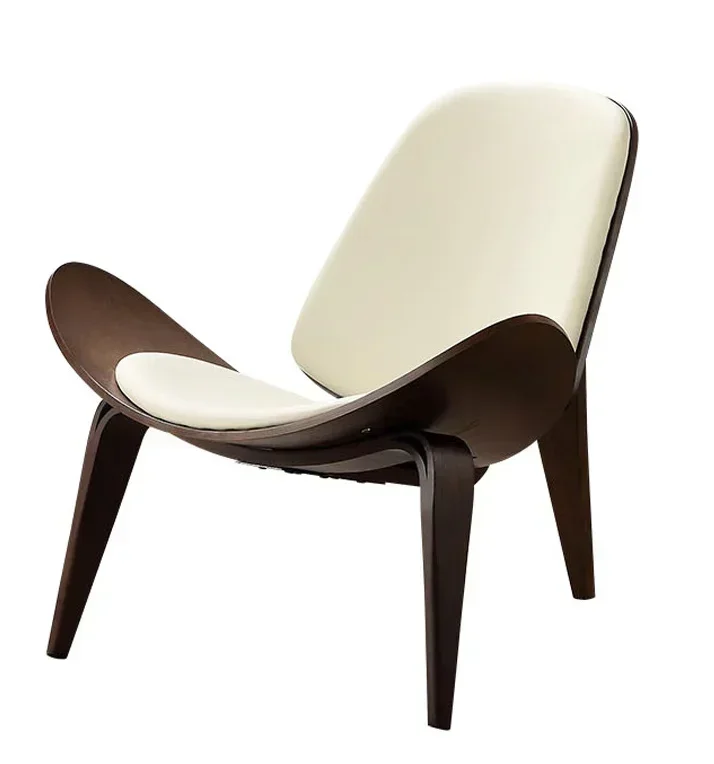 High-Quality Solid Wood Shell Chair-Three-Legged Ash Plywood, Black Faux Leather Living Room Furniture, Modern Leisure
