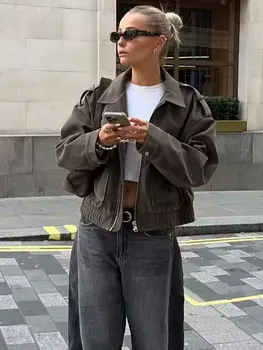 HH نساء موضة الصلبة فو الجلد المدبوغ معطف قصير كم طويل التلبيب سستة جاكيتات مع جيوب الخريف ملابس خارجية مكتب سيدة عادية