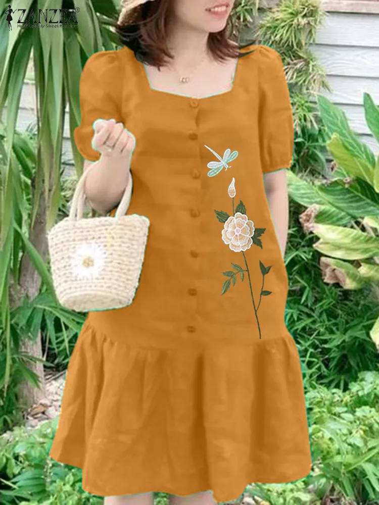 

ZANZEA Bohemian Floral Embroidery Dress Short Sleeve Square Collar Dresses Woman Elegant Party Sundress Femme Vintage Robe 2023