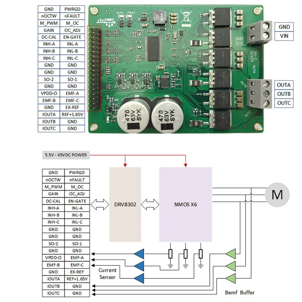 DRV8302 15A 모터 드라이버 모듈 ST FOC 벡터 제어 BLDC PMSM 브러시리스 드라이브 5.5-45V 입력 온보드 3상 전류 증폭기