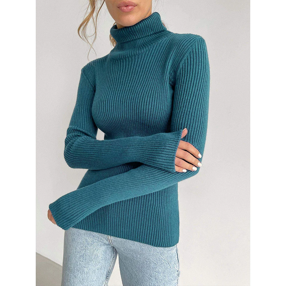 

Europe&America Style Women's New Knit Solid Slim Sweater Turtleneck Warm Elastic Pullovers High Street Winter Knitwears Pull Top