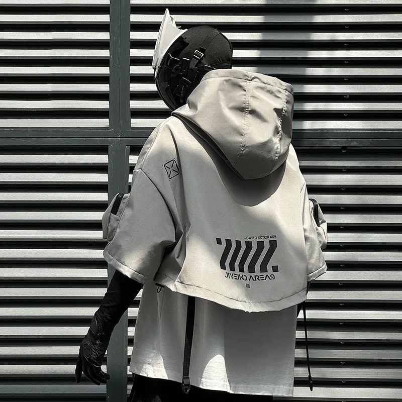 2024 Hip Hop Punk Techwear Short Jacket Hooded Cloak Men Women Multi Pockets Functional Pullover Jacket Street Casual Coat 3
