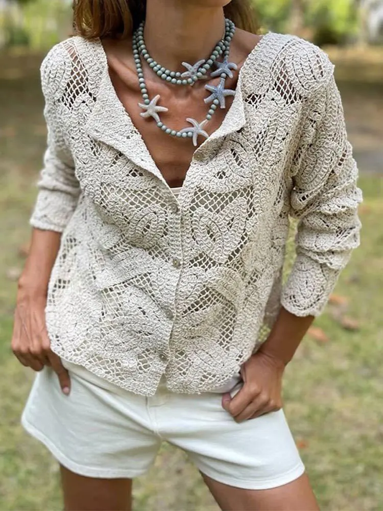 Elegant Beige Casual Hollow Out Shirts Women's Vintage Hook Floral