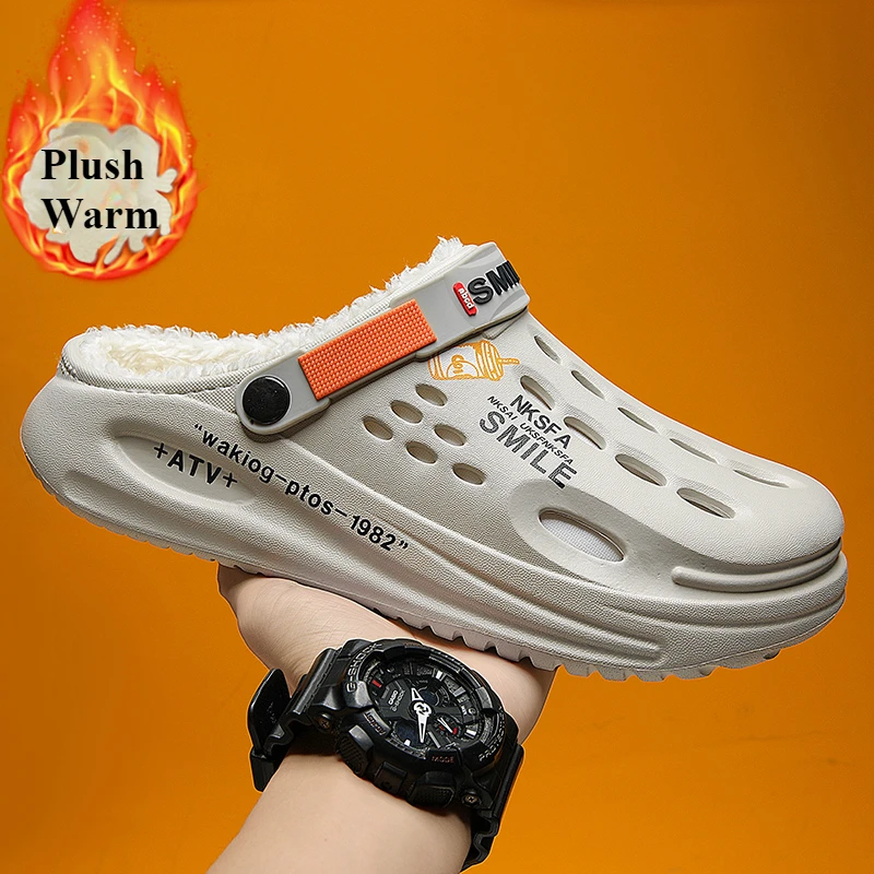 Winter Men Slippers Warm Shoes Furry Garden Shoes Indoor Home House Cotton Slippers Plush Shoes Men Outdoor Winter Clogs