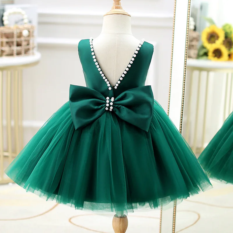 

Baby Girls Pearls Bow Tutu Dress Clothing Children Girls Wedding Birthday Dress Kids Sleeveless Mesh Prom Dres Gown Retro Dress