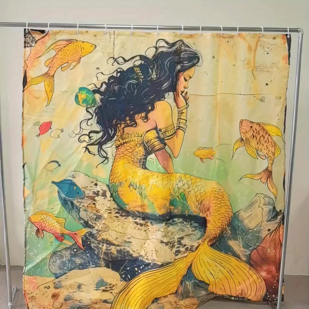 Enchanting Mermaid and Fish Waterproof Shower Curtain - Vintage Ocean Decor, High-Quality Fabric, Durable and Stylish 4