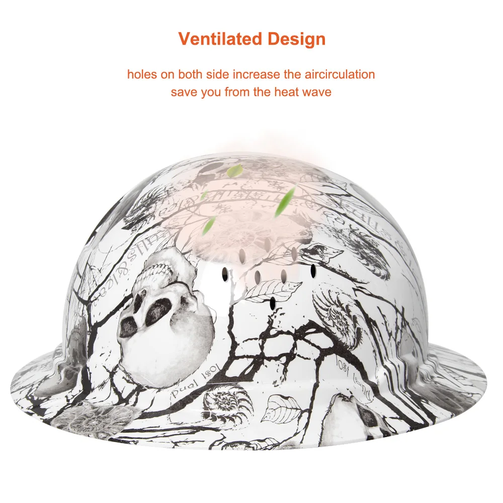 Aolamegs wzór czaszki kask z pełnym rondem dla inżyniera budowlany kask ochronny HDPE HardHat podszewka 6-punktowa oddychająca ANSI