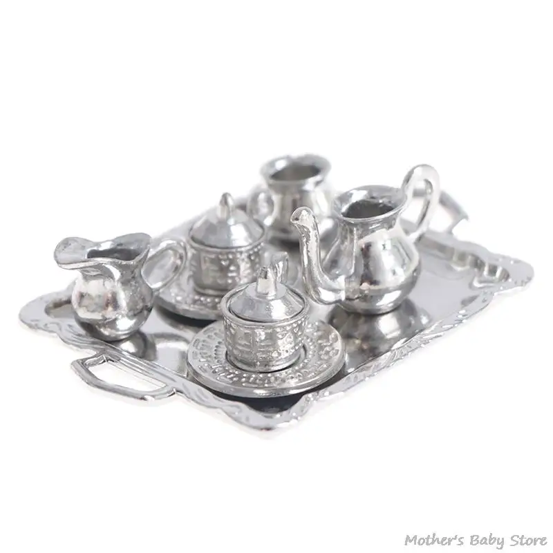 

10pcs/set 1:12 Dollhouse Miniature Silver Metal Teapot Coffee Cups Tray Set Tableware Set Doll Accessories Dollhouse Decoration