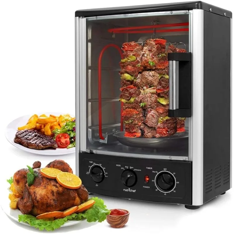 Nutrichef 1500W Vertical Countertop Oven with Rotisserie, Bake, Broil, & Kebab Rack Functions - Adjustable Settings - 2 Shelves