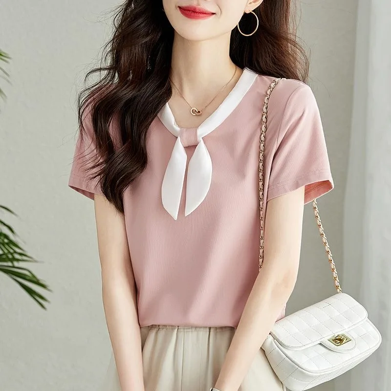 

Women Knitting Short Sleeve T-shirt Women's Dresses Ice Silk New National Style Lace-up V-neck Casual Summer Office Lady Tops