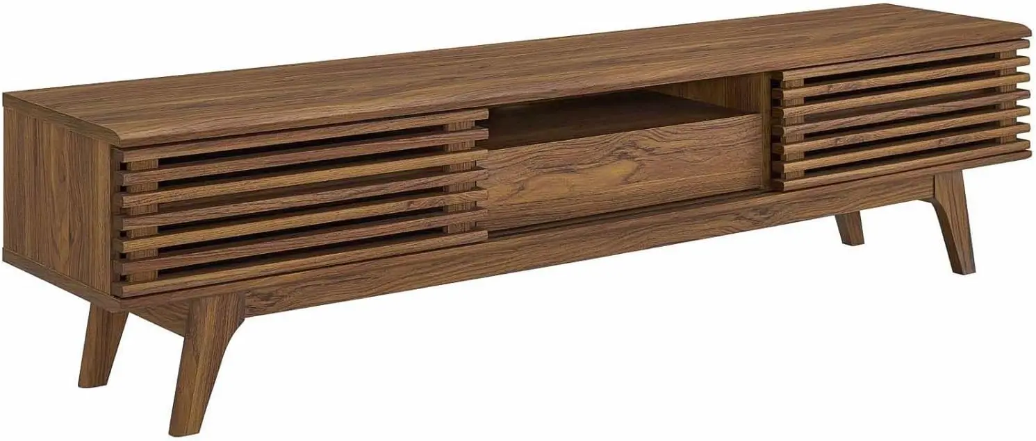 

70" Mid-Century Modern Low Profile Entertainment TV Stand, 70 Inch, Walnut Walnut
