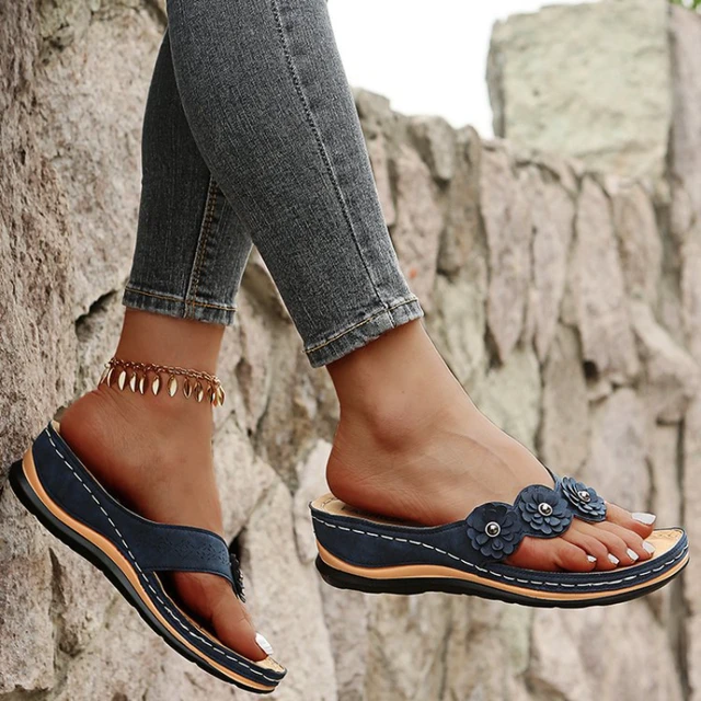 2023 Summer New Flower Sandals Shoe Thick-soled Toe Slippers Beach Plus Size Wedge With Soft-soled Flip-flops Women's Shoes - Women's Slippers - AliExpress