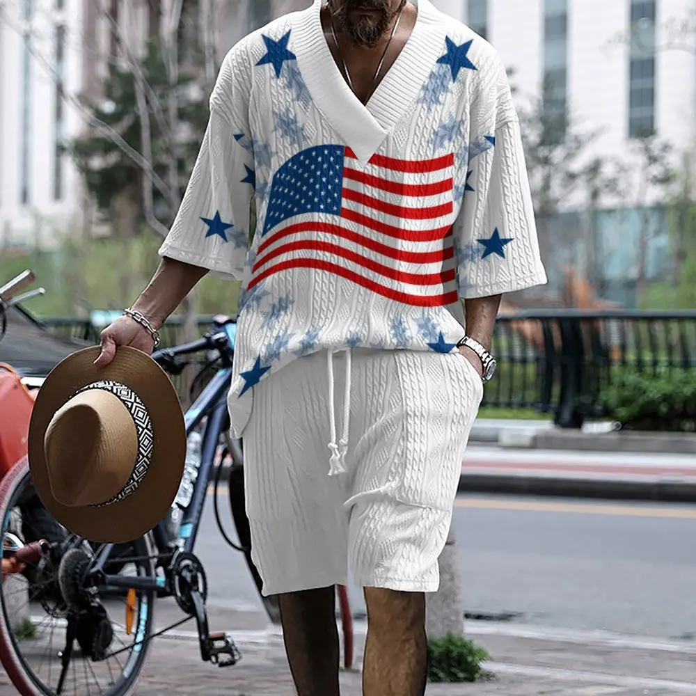 

Independence Day Men's Set Summer 3D Printed Casual Fashion Men's Clothing Jacquard Half Sleeve T-shirt Shorts Two-piece Set