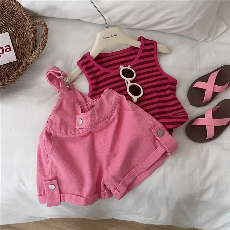 Cute Girls Summer Clothes Set Stripe Tank Top Overall