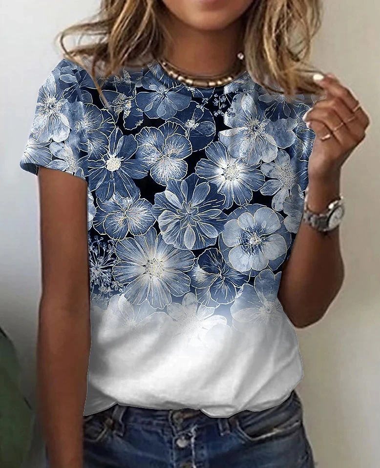 2023WomensTshirtTeePinkBluePurpleFloralPrintShortSleeve