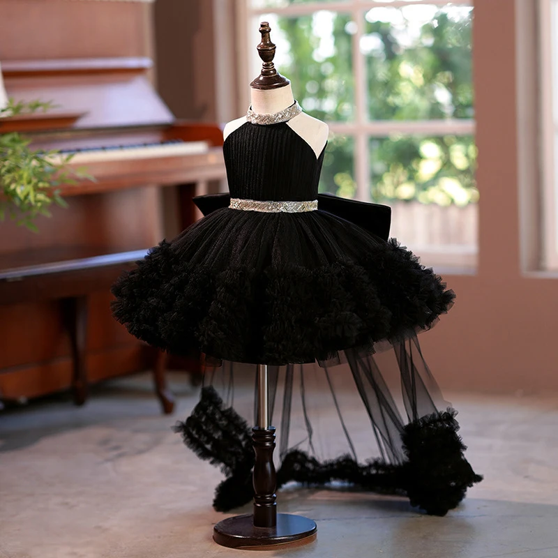 Trailing Sequin Big Bow Black Girl Party Dress Halloween Costume Elegant 1st Birthday Wedding Princess Dress Kids Bridemaid Gown