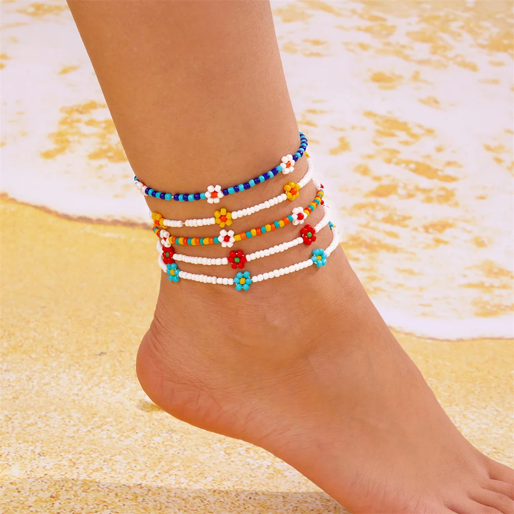 Multicolor Beads Small Daisy Flower Anklets For Women Vintage Bohemia Foot Chain Beach Jewelry Ankle Bracelet Summer Accessories