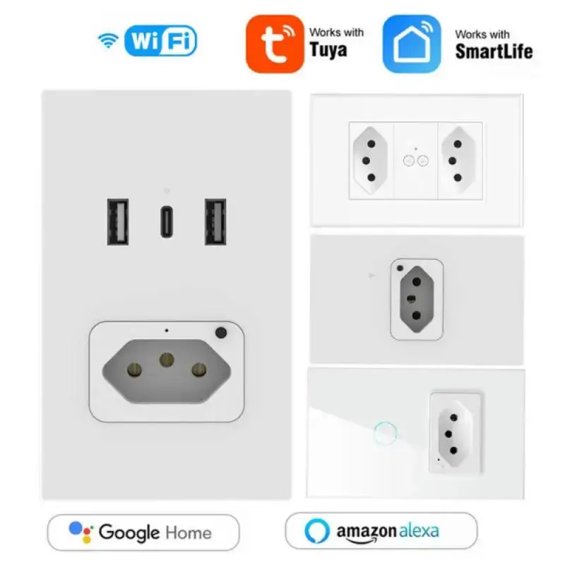 Brasile Wifi Smart Wall Socket Dual Usb Type C Light Switch Panel 16A 20A Tuya Smart Life Alexa Google Home Remote Control Outlet