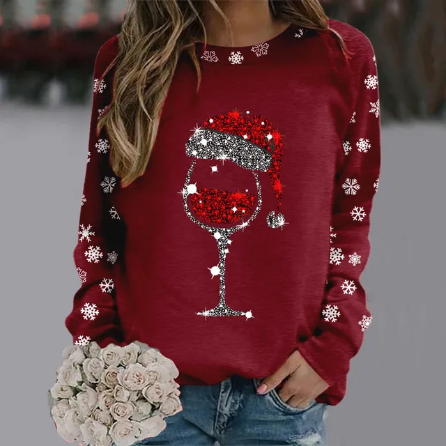 Merry Christmas Glass Snowflake Print Hoodies Round Neck Casual Loose Fit Pullover Tops Women Long Sleeve Autumn Sweatshirt 5