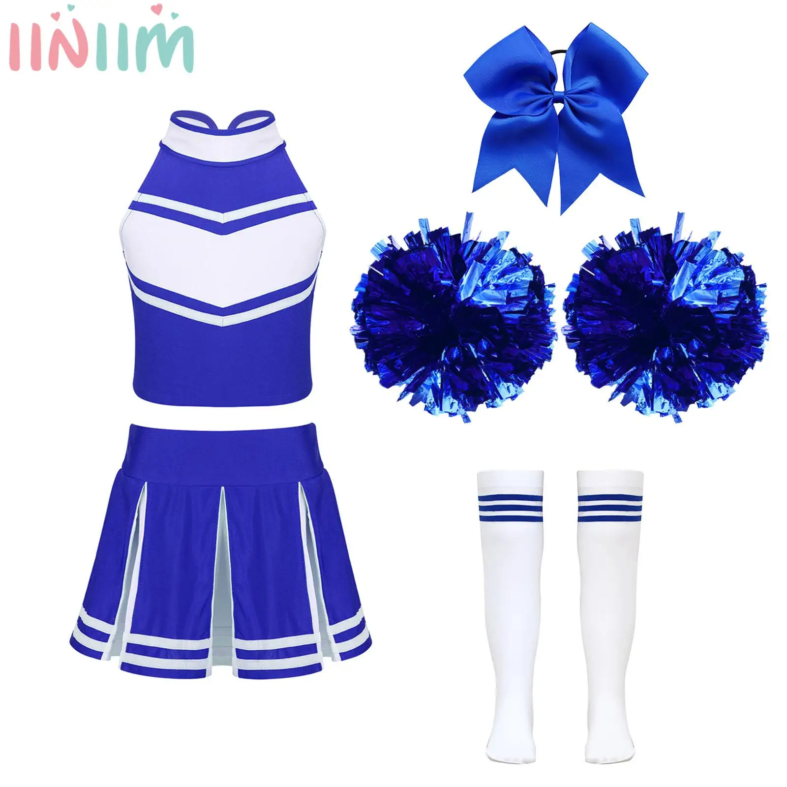 Kids Girls Cheerleading Uniform Outfit Halloween Cosplay Party Cheerleader Costume for High School Dance Stage Performance