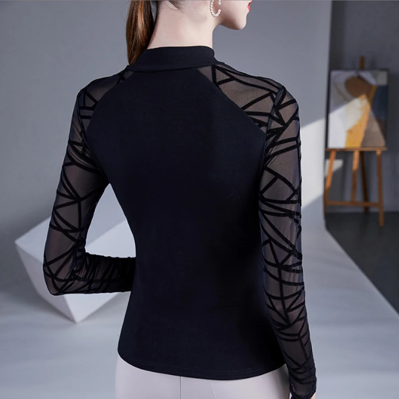 T Shirt Women Half High Collar Casual Patchwork Half Sleeve Mesh Tops