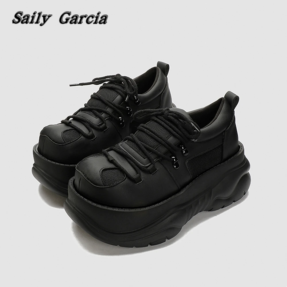 Rock Punk Style Air Mesh Stivaletti In Pelle Autunno New Waterptof Platform Lace Up Boots Punta Tonda Stivali Casual Antiscivolo Da Donna