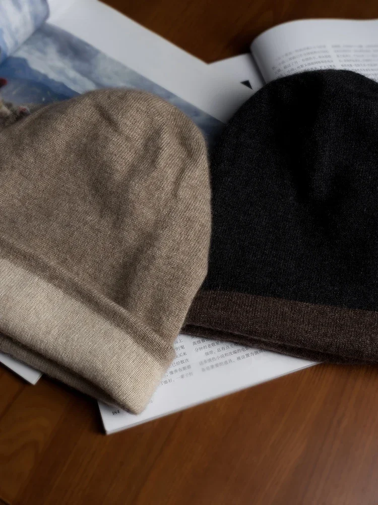 New Color Matching Women 35% Cashmere Double Faced Beanies Caps Casual Hat Men Wool Soft Autumn Winter Real Natural Fabric 5