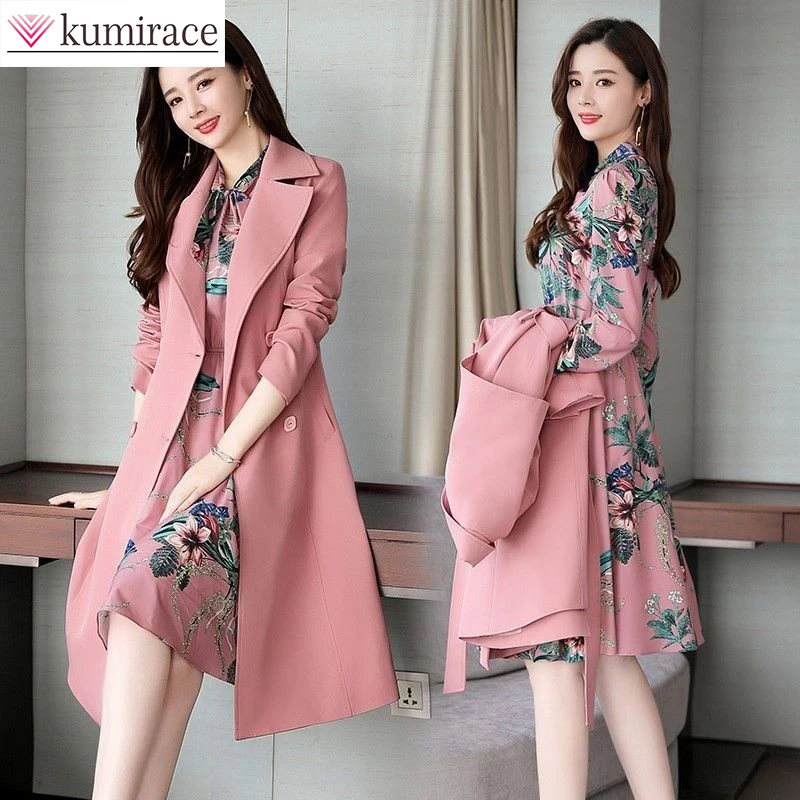 2022 South Korea Popular Autumn and Winter New Vintage Printed Dress Casual Windbreaker Two-piece Elegant Women's Skirt Set