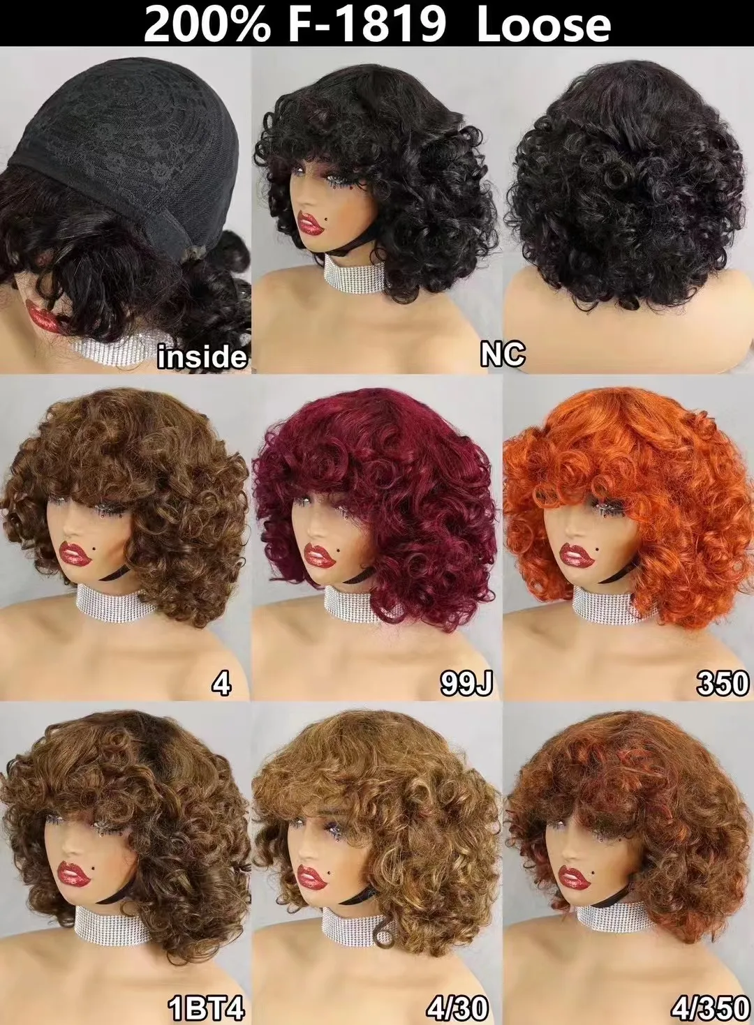 Human hair wigs 200% Density 99J# Burgundy Bouncy Curly Human Hair Wigs with Bangs Short Machine Made Loose Curly Bob Wigs PrePlucked for Women
