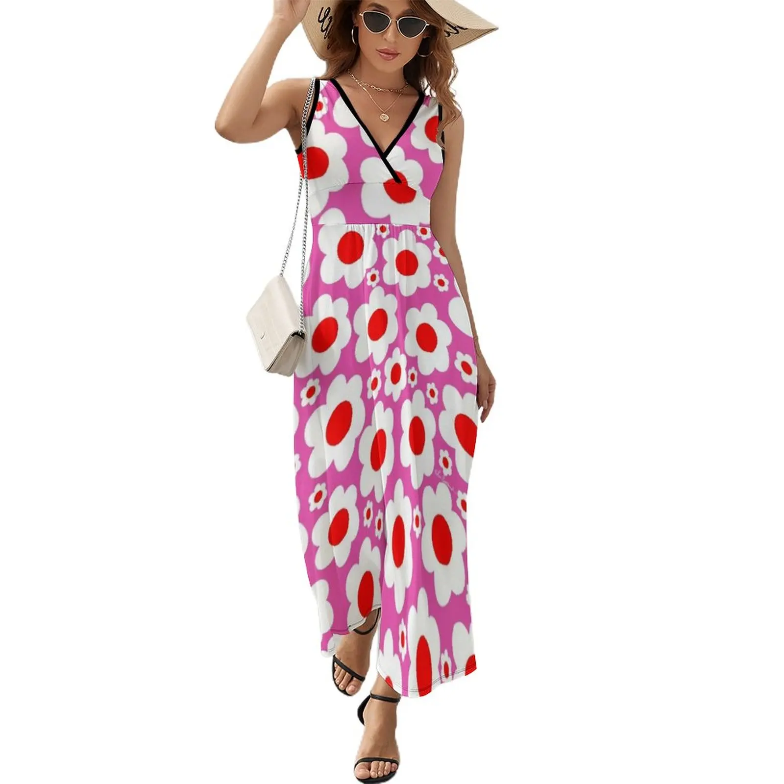 

Retro 60's Bright Pop Flowers Sleeveless Dress Women's evening dress dress korean style Long dress