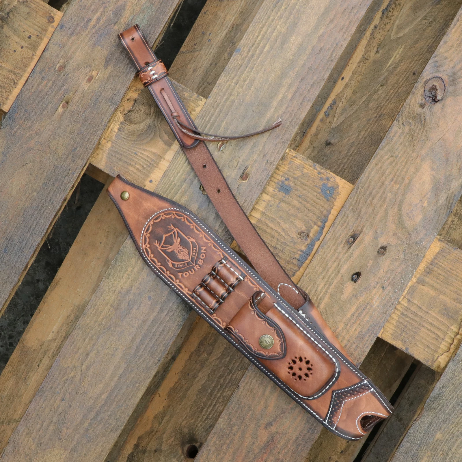 Tourbon Schießsport-Leder-Gewehrriemen Vintage Gewehr-Schulterriemen mit Patronen-Munitionshalter-Tasche und Drehgelenken für Schießen und Jagd Braun – Detail 11
