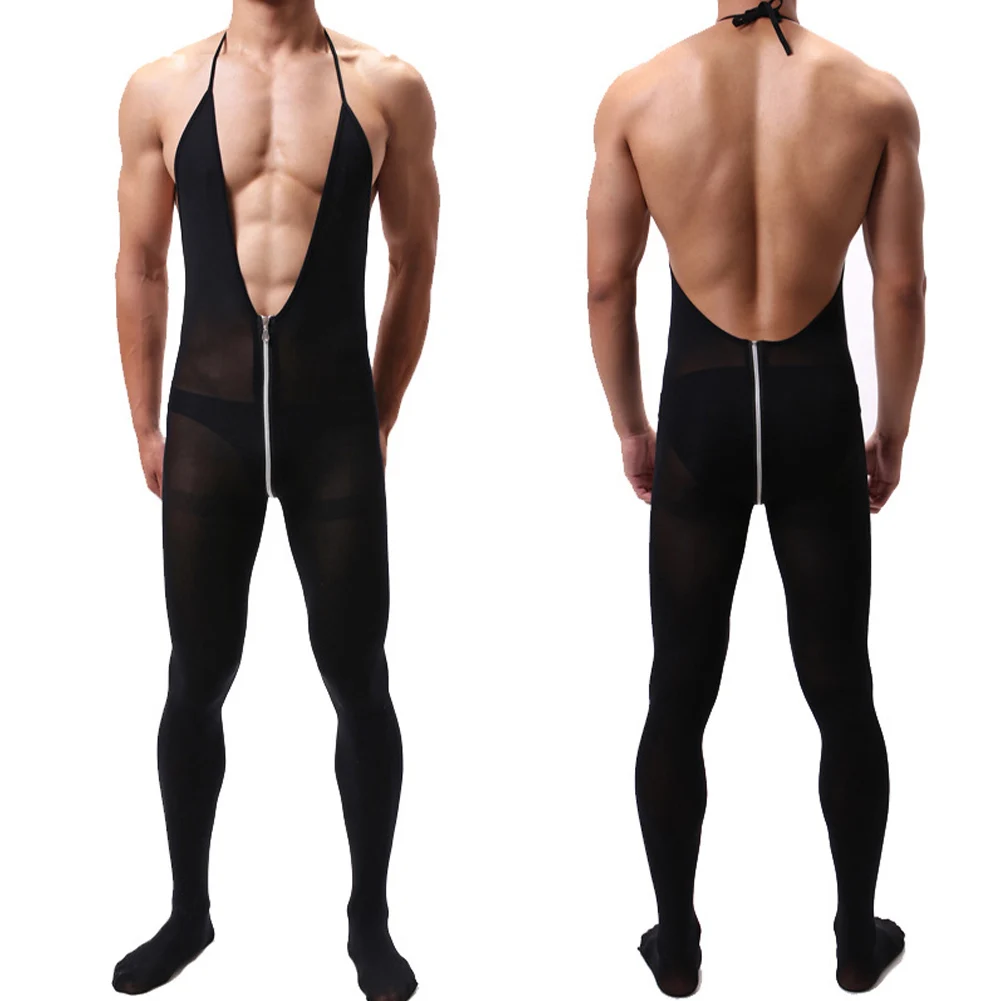 

Mens Transparent Body Stocking Zipper Open Crotch Pantyhose Backless Bodysuit See Through Tights Halter Jumpsuit Erotic Lingerie