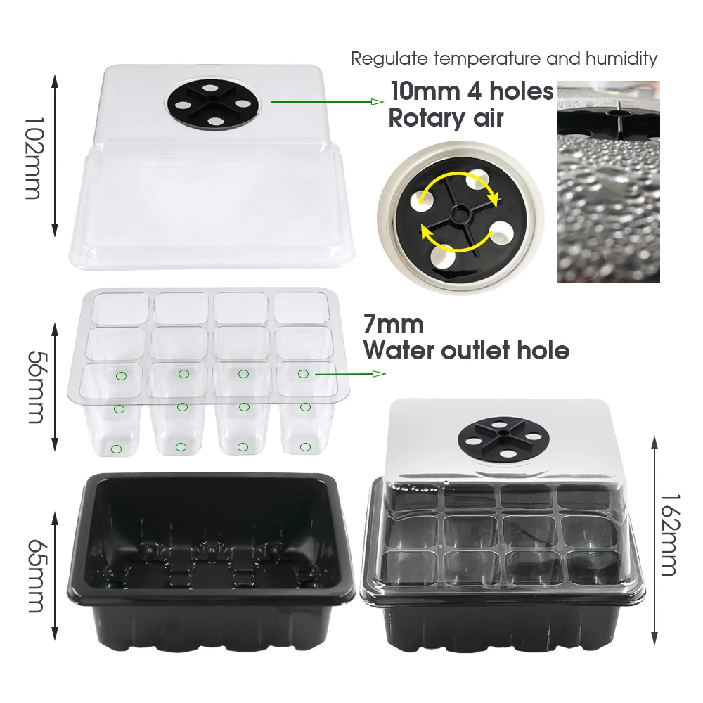 XXL XL 16cm Black Seeds Starter Tray Light 12/48 Cell Grow Light Seedling Box Kit with Grow Garden Indoor Warm Nursery Pot