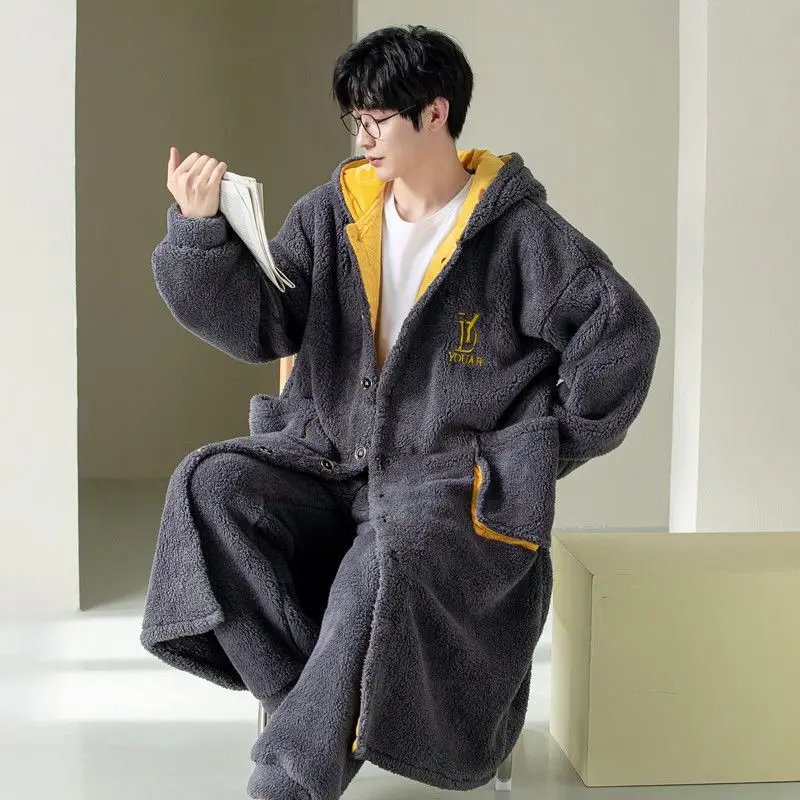 Autumn Winter Men's Coral Velvet Pajamas Long Hooded Nightgown Pants Thickened Warm Home Clothing Set Oversized Bathrobe
