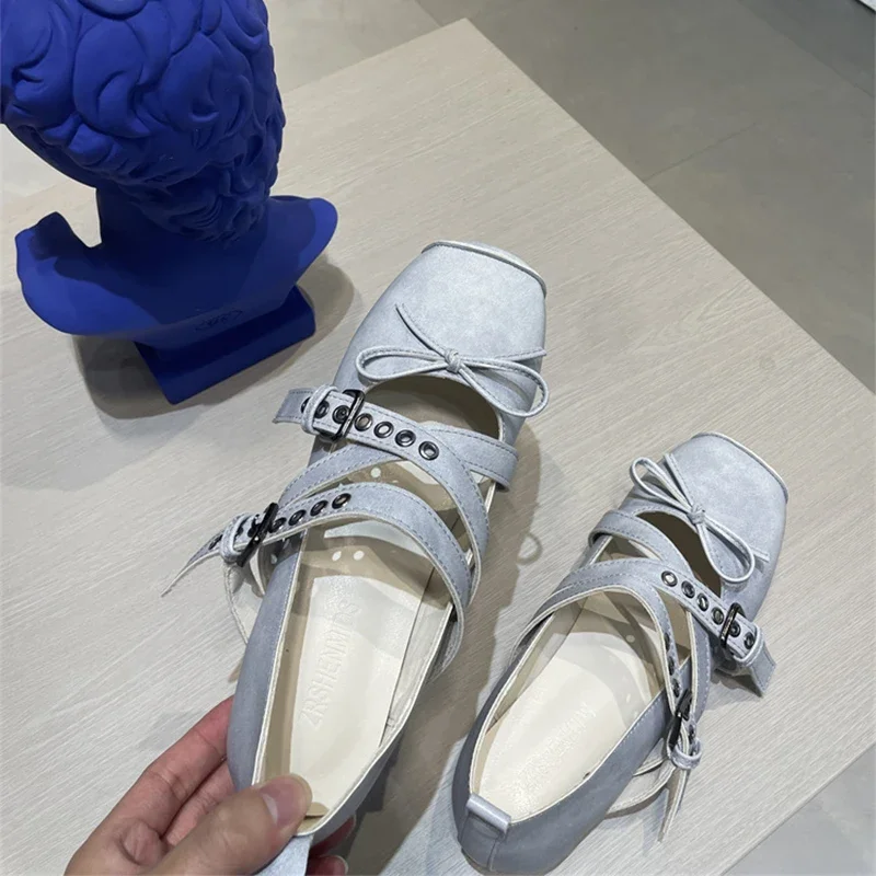 Women's Retro Butterfly Strap Buckle Design Ballet Shoes Korean Sweet Cute Shoes Ladies Leather Square Toe Flat Shoes Spring New 6