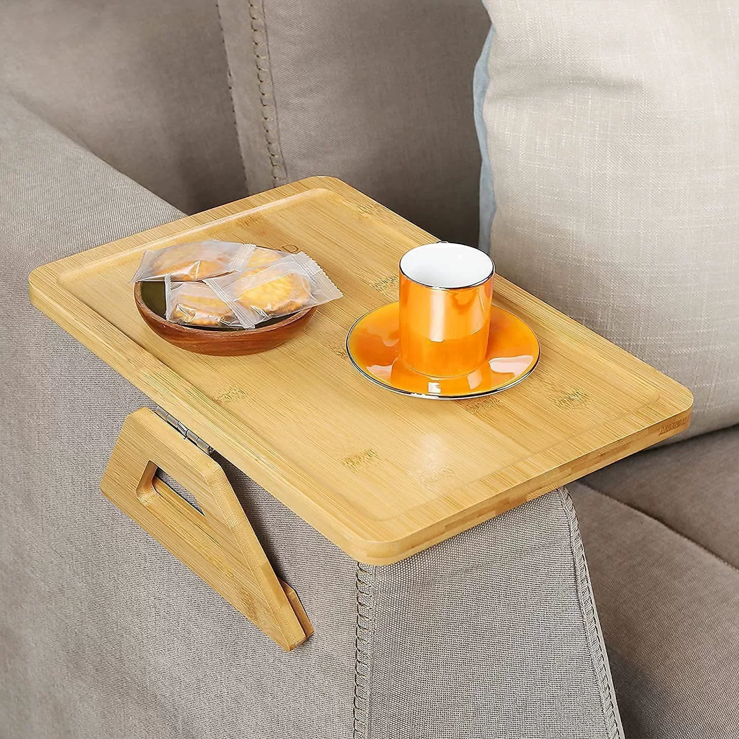 Foldable Bamboo Sofa Caddy Table-Space Saving 33x23cm（Natural/Brown）Multipurpose Snack Holder side table c shaped end table for couch bed tv tray for eating on couch small end tables small spaces easy assembly