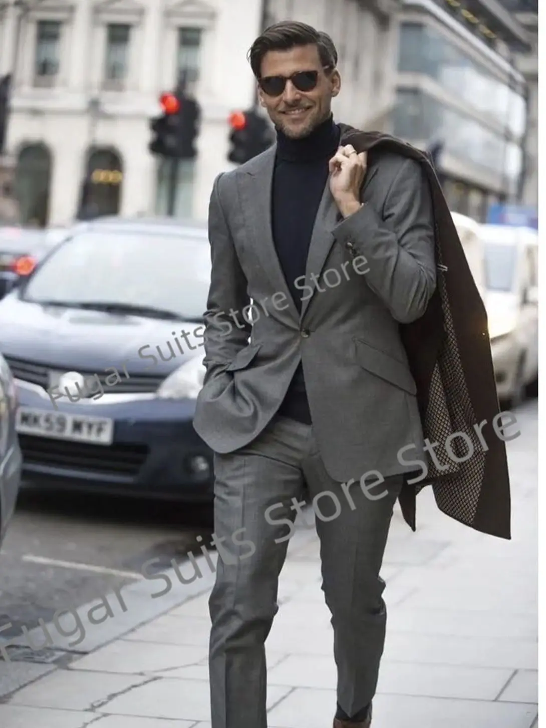 Fashion Elegant Gray Wedding Men Suits Slim Fit Peak Lapel Groom Tuxedos Prom 2 Pieces Sets Business Male Blazer Costume Homme