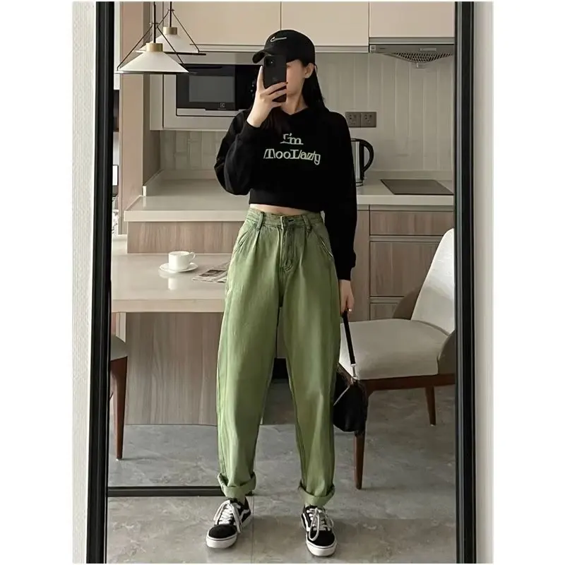 Зеленые джинсы, Новинка осени 2023, женские брюки с высокой талией, свободные прямые джинсы с широкими штанинами, Женская Повседневная Уличная одежда Y2k, винтажная Корейская одежда fas