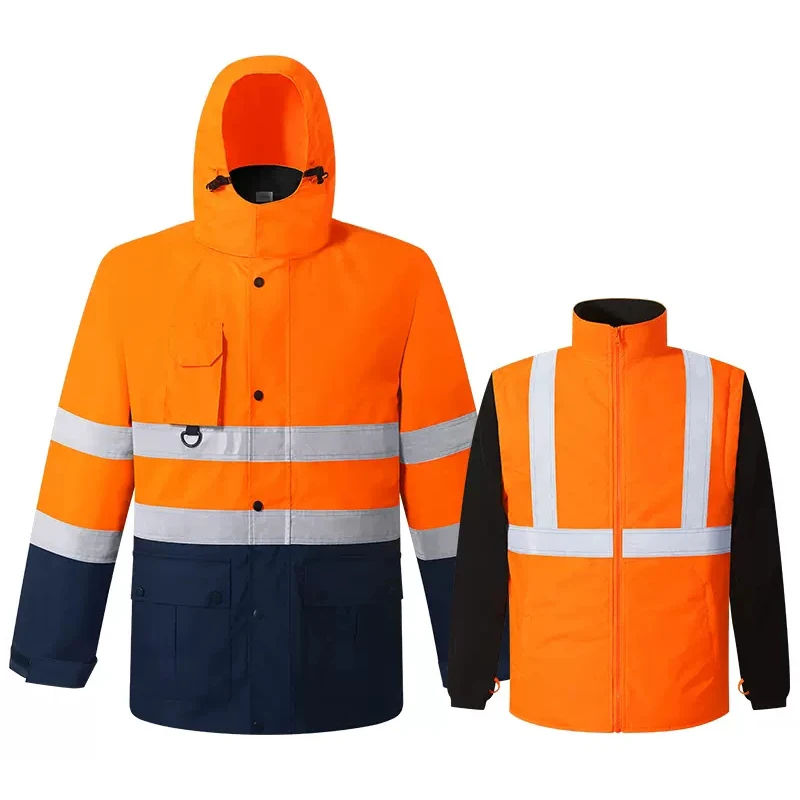 

High Visibility Parka Men with Detachable Linner Waterproof Reflective Winter Jacket Hi Vis Rain Jacket Coat