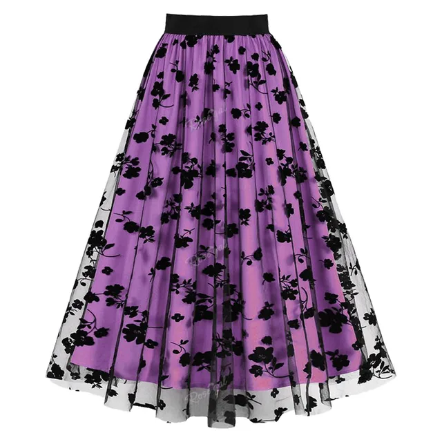 ROSEGAL-Floral Leaf Flocking Mesh Skirts for Women, Plus Size 3 Colors Elastic Waist, Midi Skirt, Streetwear Skirt, New Arrival