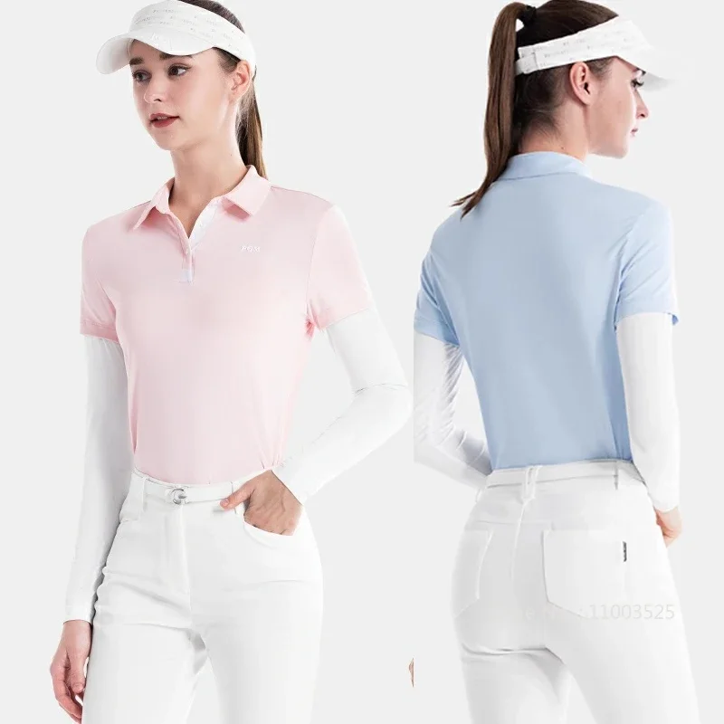 Pgm Golf Apparel Women Summer Ice Silk Cool Sunscreen Shirt Anti-UV Long Sleeved Golf Ball Top Lady Polo Neck Sportswear