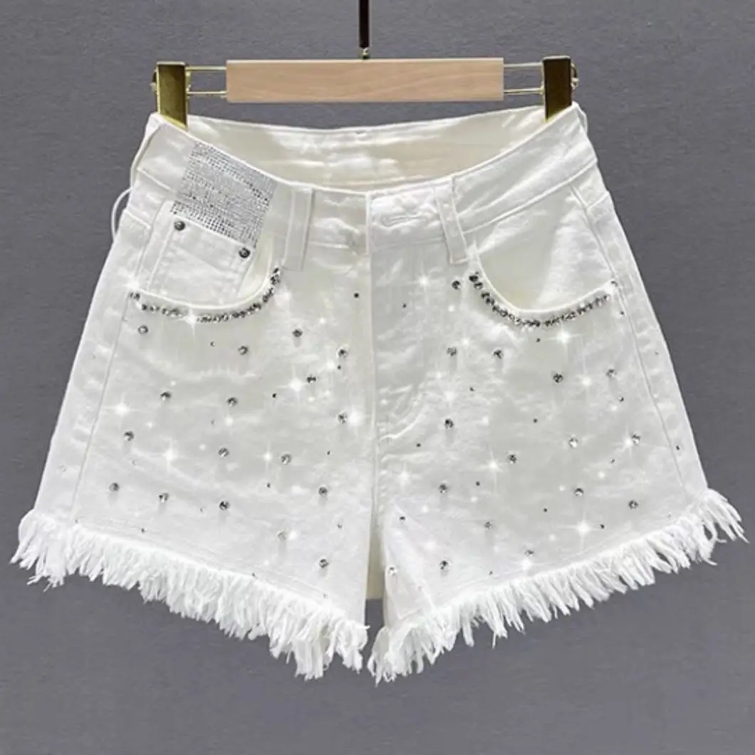 

Diamond-Embedded Denim Shorts Women's 2023 Summer High Waist Slimming A- line Wide Leg Short Pants Girls Hot Pants