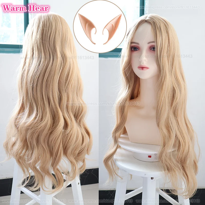 

70cm Long Galadriel Wig With Ears Women Girl Role Play Blonde Wavy Hair Elf Queen Cate Blanchett Fancy Wigs + a wig cap