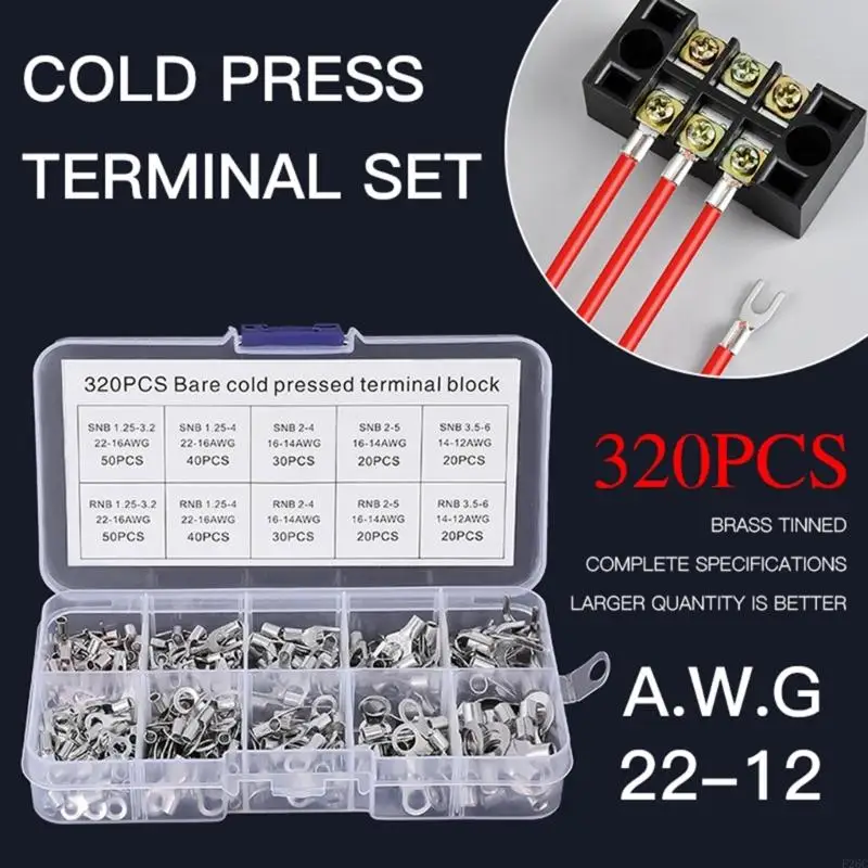 F26C 320 Pcs Tin-Plated-Copper Wire Crimp Fork End Cable Lugs Crimp Connector Non-Insulated Ring Terminal & Fork Connector