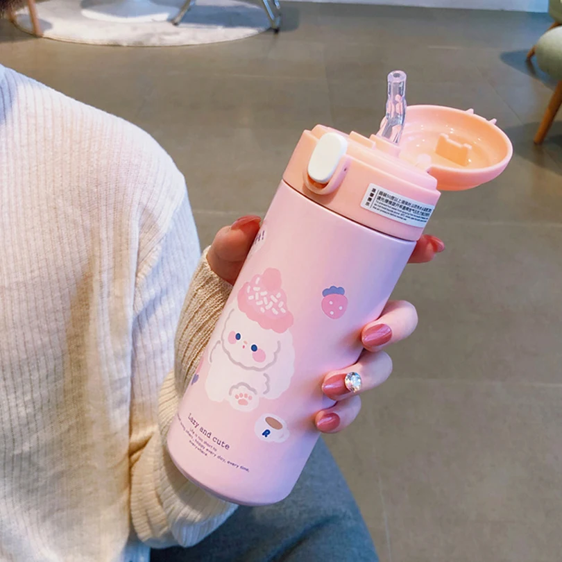 1pc 380ML Cute Cartoon 304 Stainless Steel Thermal Thermos Vacuum Flask With Straw for Girls Insulated Tumbler Drinkware