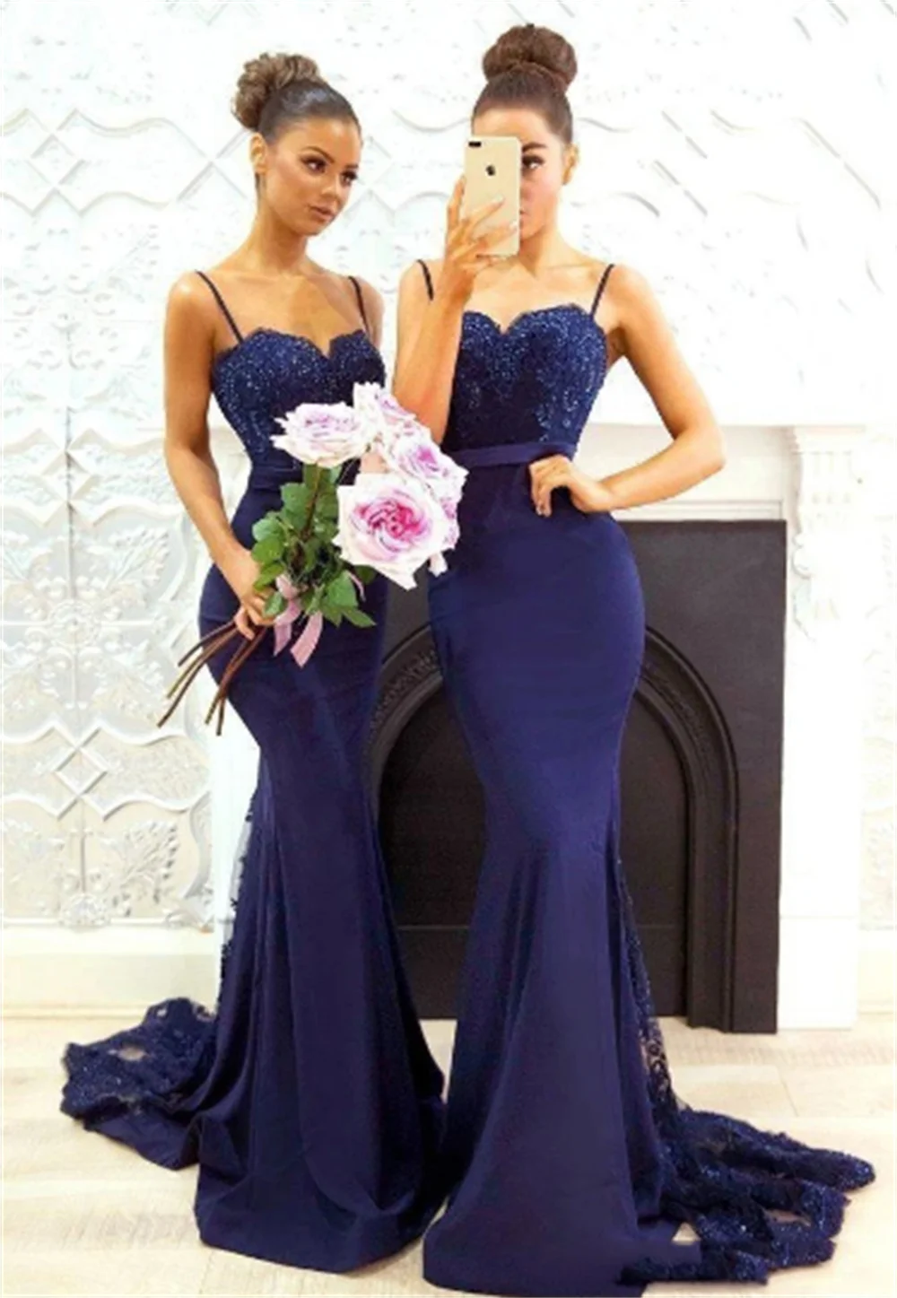 

Graceful Robes De Soirée Appliques Spaghetti Strap Evening Dresses Mermaid Sweep Train Long Gowns Party Navy Blue Tulle Dress